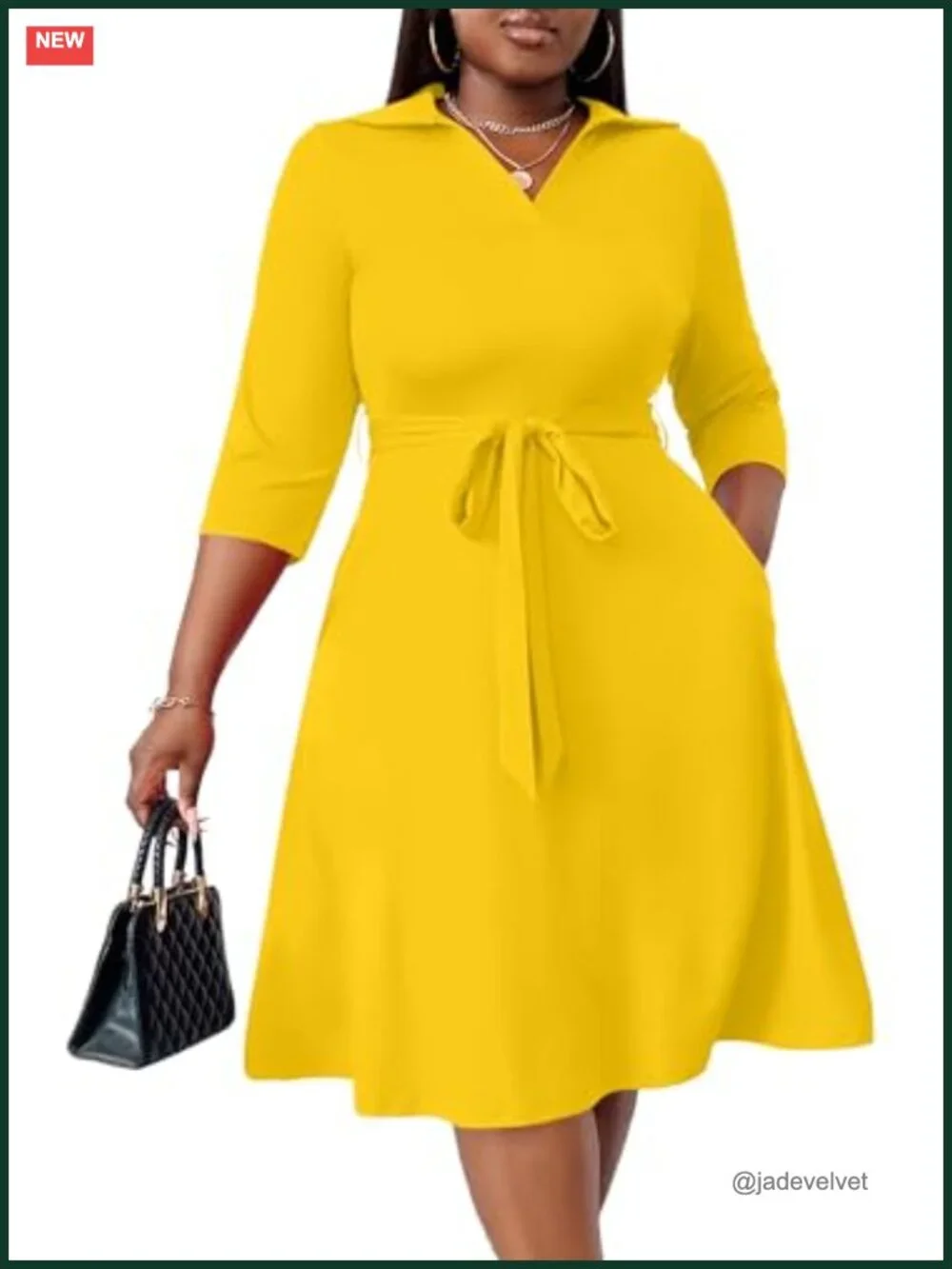 Plus Size A-Line Midi Dress with Pockets & Belt, 3/4 Sleeve V-Neck